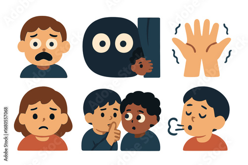 Children's Fear Emotions. Flat vector mini-illustrations darkness emotions in colors children's illustrations: scared face, wide