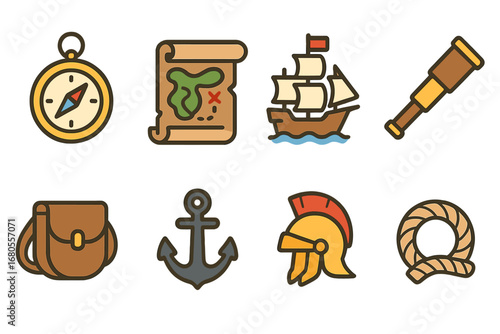 Ancient Explorer Icons. Flat vector mini-illustrations ancient explorers in colors children's illustrations: compass, map scroll,