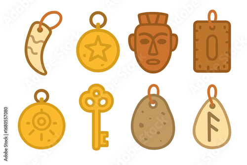 Ancient Talisman Icons. Flat vector mini-illustrations ancient talismans in colors children's illustrations: carved bone charm,