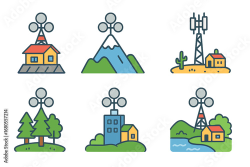 Antenna Locations Icons. Flat vector mini-illustrations antenna locations and environments in colors children's illustrations: