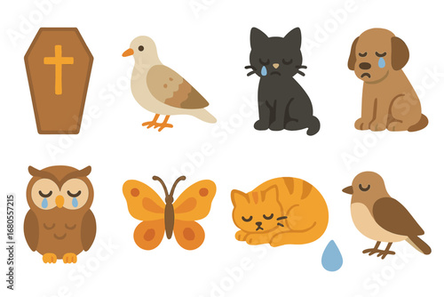 Animals in Mourning Icons. Flat vector mini-illustrations coffin and animals in colors children's illustrations: mourning dove,