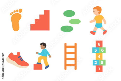 Children's Footsteps Journey. Flat vector mini-illustrations step in colors children's illustrations: footstep, staircase,