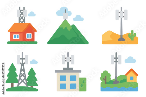 Antenna Locations Icons. Flat vector mini-illustrations antenna locations and environments in colors children's illustrations: