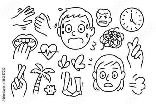 Anxiety and Relaxation Icons. Hand-drawn doodle illustration anxiety trembling hands, sweating face, racing heartbeat, wide eyes,