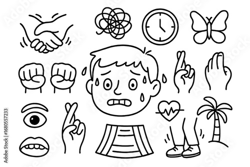Anxiety and Relaxation Icons. Hand-drawn doodle illustration anxiety trembling hands, sweating face, racing heartbeat, wide eyes,