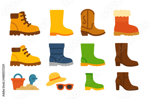 Children's Footwear Illustrations. Flat vector mini-illustrations boot in colors children's illustrations: hiking boot, rain boot,