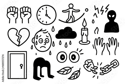 Anxiety Symbol Icons. Hand-drawn doodle illustration anxiety clenched fists, racing clock, sweating face, tightrope, shadow figure