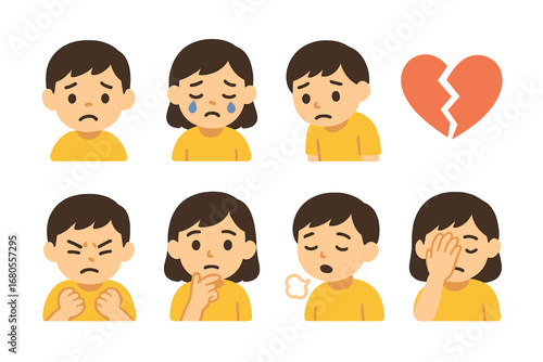 Children's Grief Icons. Flat vector mini-illustrations grief expressions in colors children's illustrations: sad face, tearful