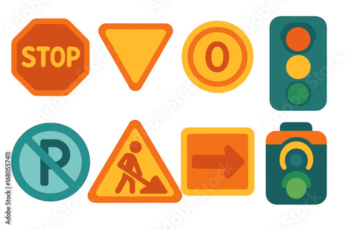Children's Journey Signs. Flat vector mini-illustrations traffic signs in colors children's illustrations: stop sign, yield sign,