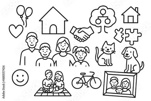 Blended Family Symbols. Hand-drawn doodle illustration blended family house, parents, children, heart symbol, handshake, family
