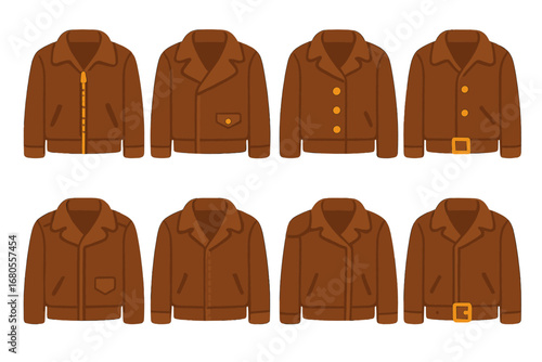 Children's Leather Jacket Icons. Flat vector mini-illustrations leather jackets in colors children's illustrations: zipped jacket,