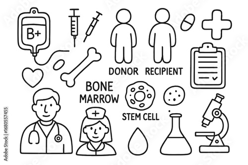 Bone Marrow Donation Icons. Hand-drawn doodle illustration bone marrow donation blood bag, syringe, donor, recipient, clipboard,