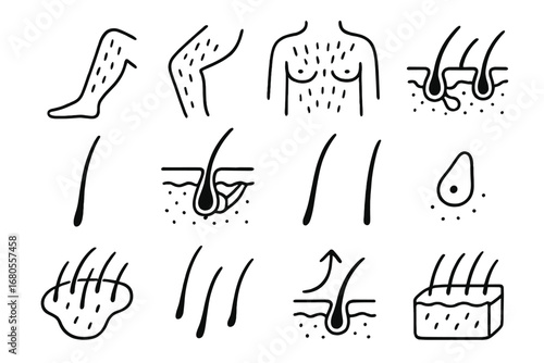 Body Hair Iconography. Hand-drawn doodle illustration body hair follicles arm icon, leg icon, torso icon, hair follicles, fine