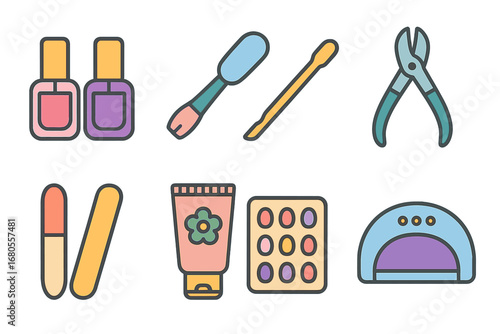 Children's Manicure Icons. Flat vector mini-illustrations manicure polish in colors children's illustrations: nail polish bottles,