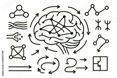 Brain Connectivity Diagram. Hand-drawn doodle illustration white matter and brain connectivity brain nodes, white matter tracts,