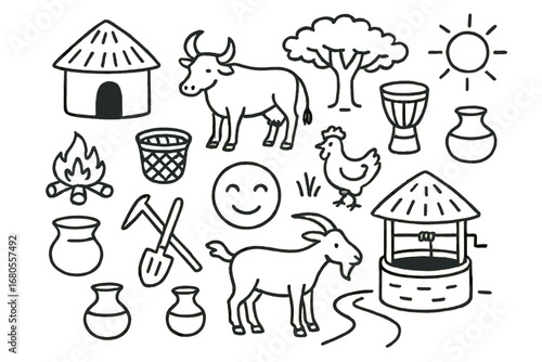 Botswana Village Doodle. Hand-drawn doodle illustration Botswanan village life hut, fire pit, basket, water pot, cattle, tree,