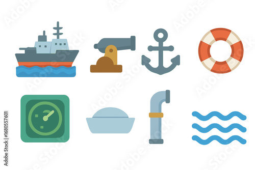 Children's Naval Icons. Flat vector mini-illustrations naval combat in colors children's illustrations: battleship, cannon, anchor