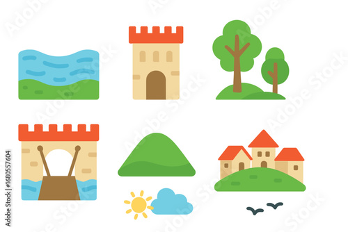 Castle Scene Icons. Flat vector mini-illustrations battlements and surroundings in colors children's illustrations: moat,