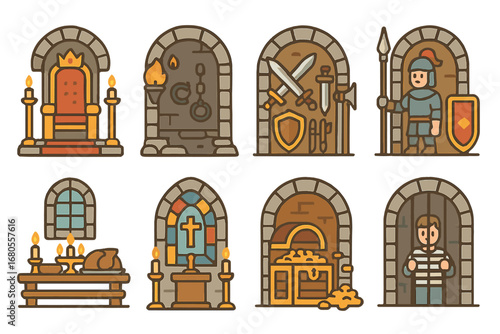 Castle Interiors Icons. Flat vector mini-illustrations castle interiors in colors children's illustrations: throne room, dungeon,