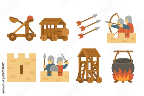 Castle Siege Icons. Flat vector mini-illustrations castle siege scenes in colors children's illustrations: catapult, battering ram