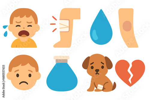 Children's Pain Illustrations. Flat vector mini-illustrations hurt and pain in colors children's illustrations: crying child,