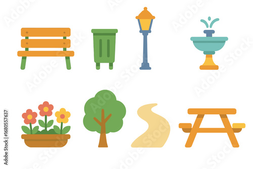 Children's Park Icons. Flat vector mini-illustrations park furniture in colors children's illustrations: bench, trash bin,