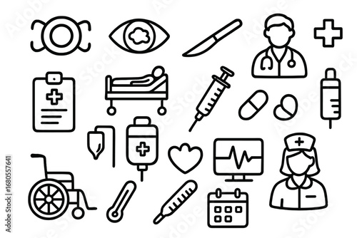 Cataract Surgery Icons. Hand-drawn doodle illustration lens cataract lens, cloudy eye, surgery scalpel, hospital bed, doctor,