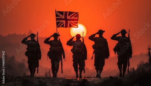 Silhouettes of soldiers saluting with the Union Jack flag at sunset, remembrance imagery