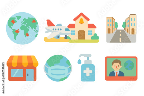 Children's Pandemic Icons. Flat vector mini-illustrations epidemic global impact in colors children's illustrations: world map,