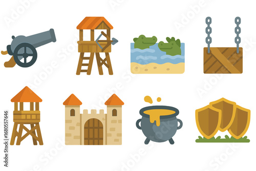 Castle Defense Icons. Flat vector mini-illustrations castle defenses in colors children's illustrations: cannons, archery tower,