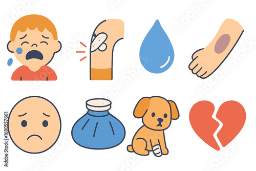 Children's Pain Illustrations. Flat vector mini-illustrations hurt and pain in colors children's illustrations: crying child,