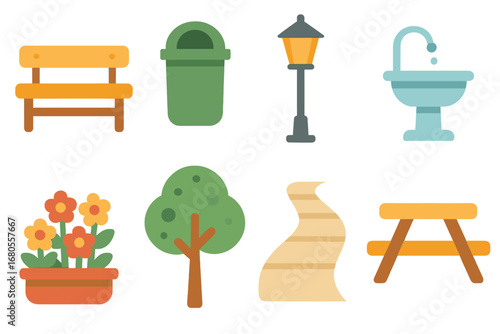 Children's Park Icons. Flat vector mini-illustrations park furniture in colors children's illustrations: bench, trash bin,