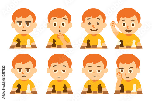 Chess Player Emotions. Flat vector mini-illustrations chess player emotions in colors children's illustrations: focused face,