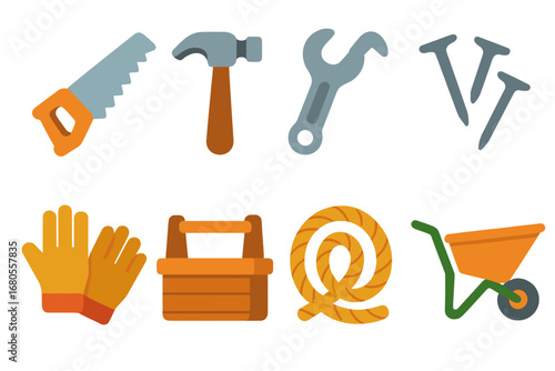 Children's Rustic Icons. Flat vector mini-illustrations rustic tools in colors children's illustrations: hand saw, hammer, wrench,