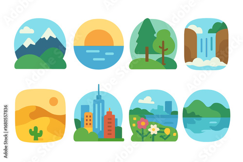 Children's Scenic Icons. Flat vector mini-illustrations scenic views in colors children's illustrations: mountain range, ocean