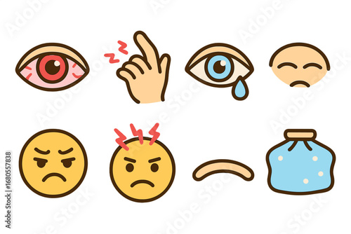 Child-Friendly Pain Icons. Flat vector mini-illustrations eyes and pain in colors children's illustrations: red irritated eye,