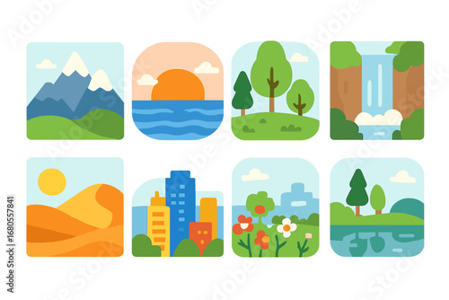 Children's Scenic Icons. Flat vector mini-illustrations scenic views in colors children's illustrations: mountain range, ocean