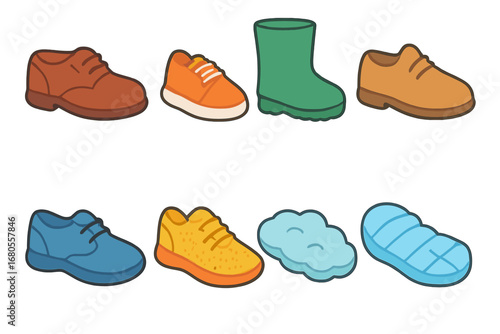 Child's Shoe Materials. Flat vector mini-illustrations left shoe materials in colors children's illustrations: left leather shoe,
