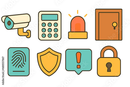 Children's Security Icons. Flat vector mini-illustrations security alarm in colors children's illustrations: security camera,