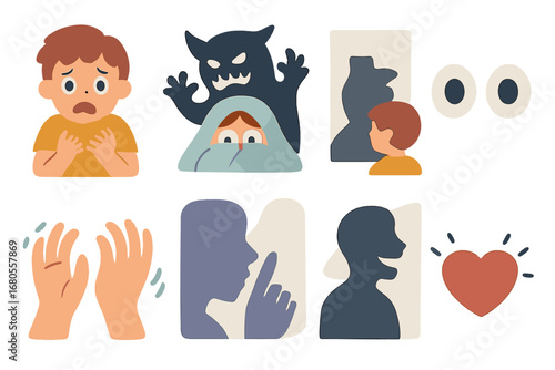 Childhood Fears Icons. Flat vector mini-illustrations darkness and fear in colors children's illustrations: scared child, hiding