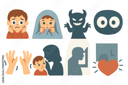Childhood Fears Icons. Flat vector mini-illustrations darkness and fear in colors children's illustrations: scared child, hiding