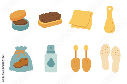 Child's Shoe Care Icons. Flat vector mini-illustrations shoe care in colors children's illustrations: shoe polish, brush, cloth,