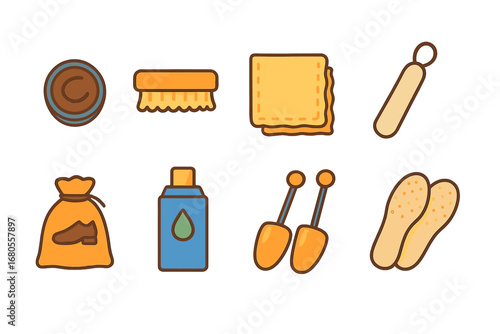 Child's Shoe Care Icons. Flat vector mini-illustrations shoe care in colors children's illustrations: shoe polish, brush, cloth,
