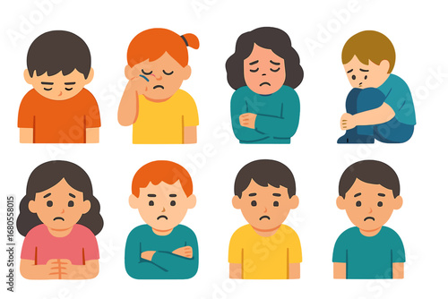Children's Sorrow Illustrations. Flat vector mini-illustrations sorrow gestures in colors children's illustrations: bowed head,