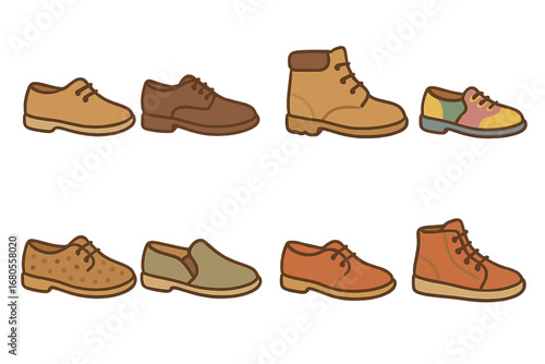 Children's Suede Shoe Icons. Flat vector mini-illustrations suede shoe fashion in colors children's illustrations: casual suede