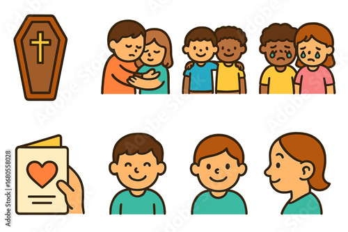 Children's Support Icons. Flat vector mini-illustrations coffin and support in colors children's illustrations: comforting hug,