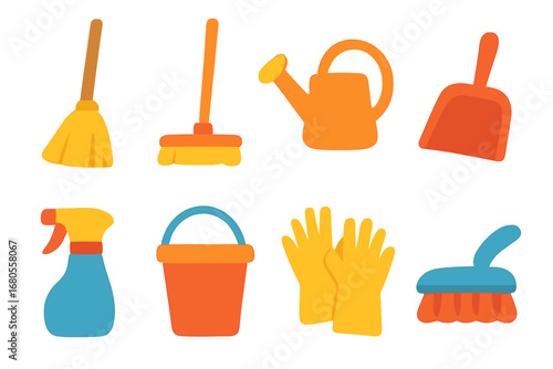 Children's Cleaning Tools. Flat vector mini-illustrations balcony cleaning tools in colors children's illustrations: broom, mop,