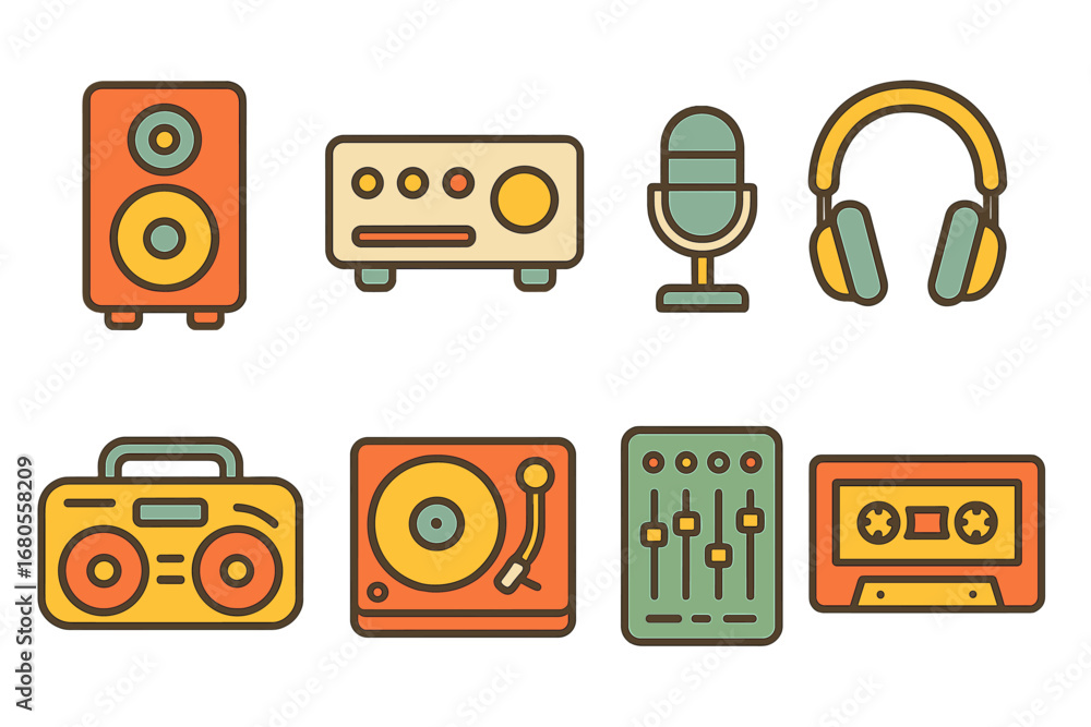 Fototapeta premium Colorful Audio Icons. Flat vector mini-illustrations audio equipment in colors children's illustrations: speaker, amplifier,