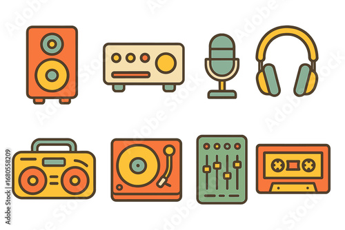Colorful Audio Icons. Flat vector mini-illustrations audio equipment in colors children's illustrations: speaker, amplifier,