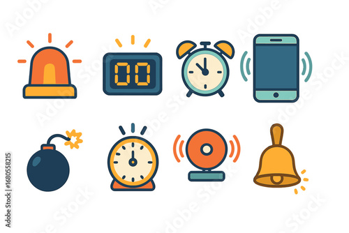 Colorful Alarm Icons. Flat vector mini-illustrations ticking signals in colors children's illustrations: alarm light, siren,